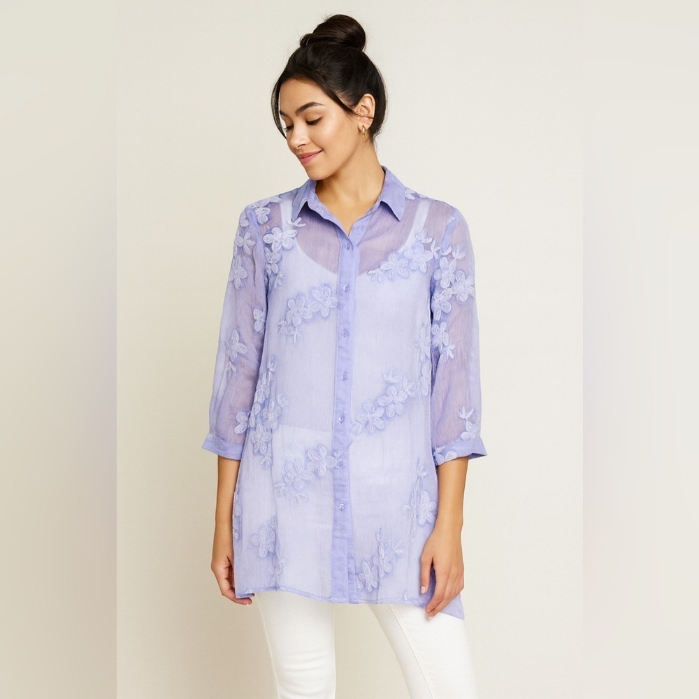 CUPIO Sheer Lavender Button Up with 3/4 Sleeves and Embroidery Detail, Large